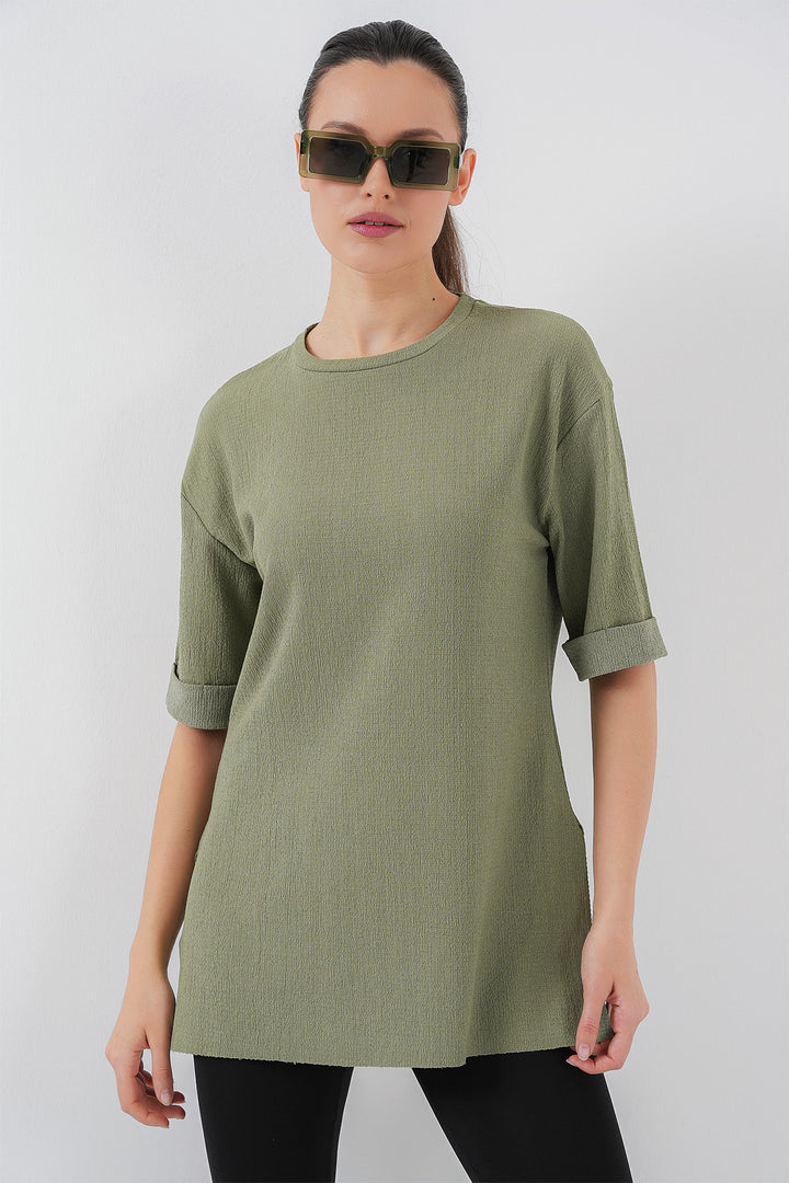 BGD Women Side Slit Knitted T-Shirt - Çağla - Eastchester
