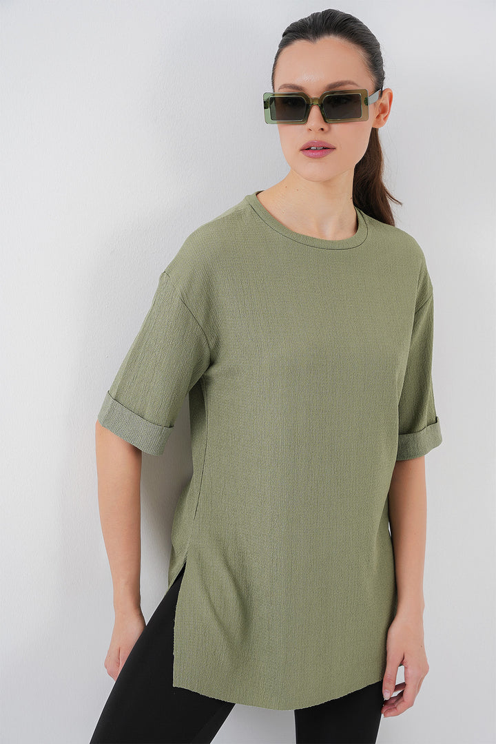 BGD Women Side Slit Knitted T-Shirt - Çağla - Eastchester