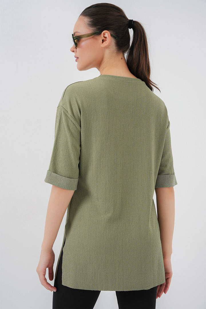 BGD Women Side Slit Knitted T-Shirt - Çağla - Eastchester
