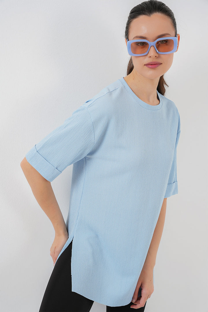 BGD Women Side Slit Knit T-shirt - Blue - Kettering