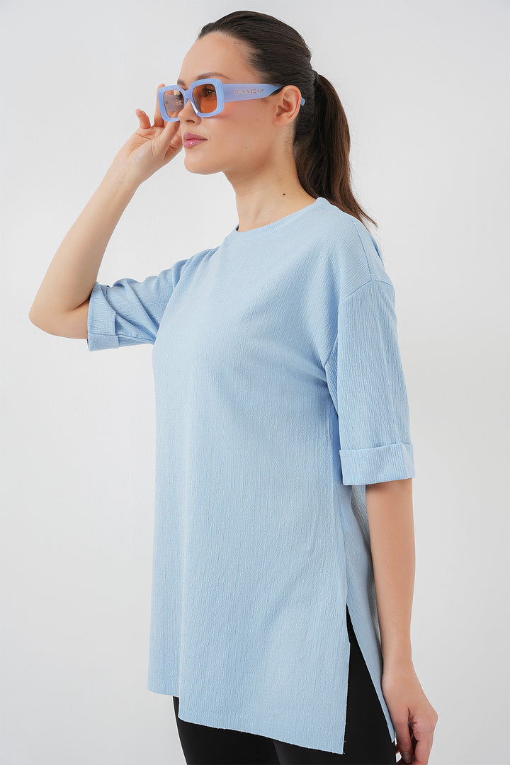 BGD Women Side Slit Knit T-shirt - Blue - Kettering