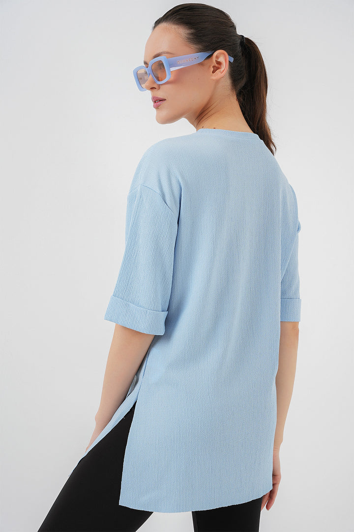 BGD Women Side Slit Knit T-shirt - Blue - Kettering