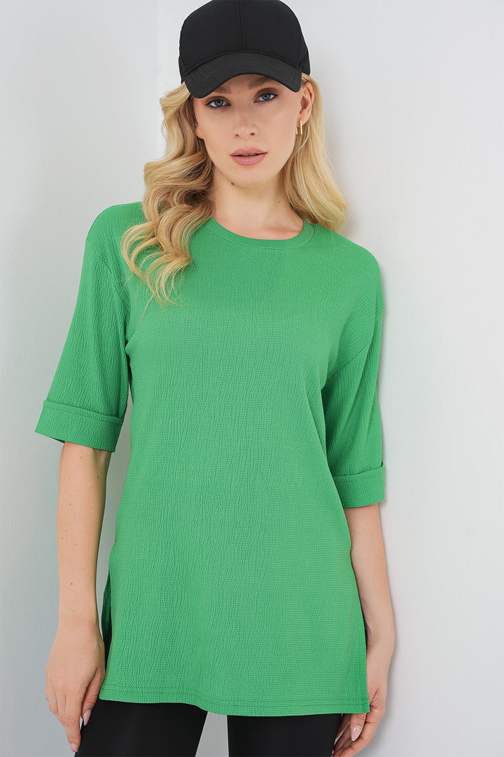 BGD Women Side Slit Knitted T-Shirt - Green - Sun Prairie