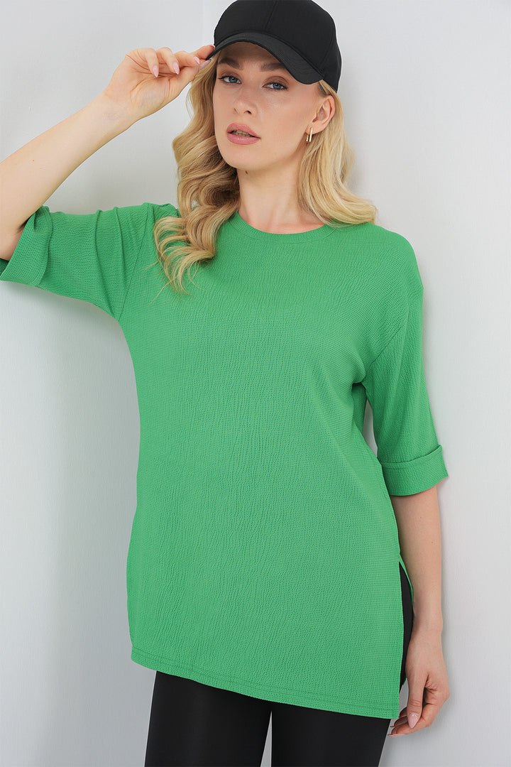 BGD Women Side Slit Knitted T-Shirt - Green - Sun Prairie