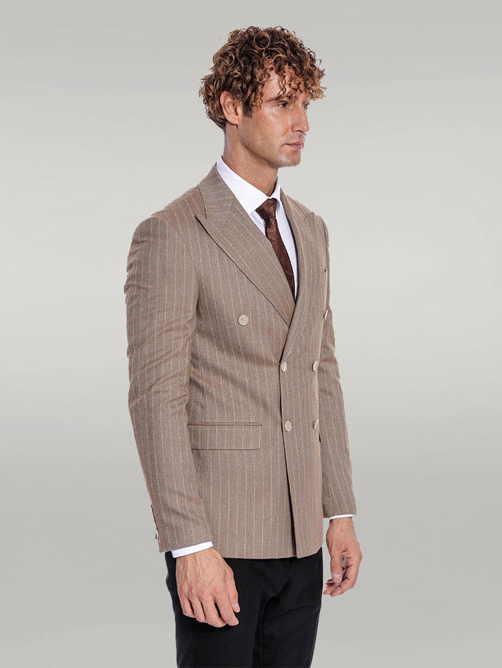 WSS Striped Double Breasted Light Brown Men Blazer  - Singen