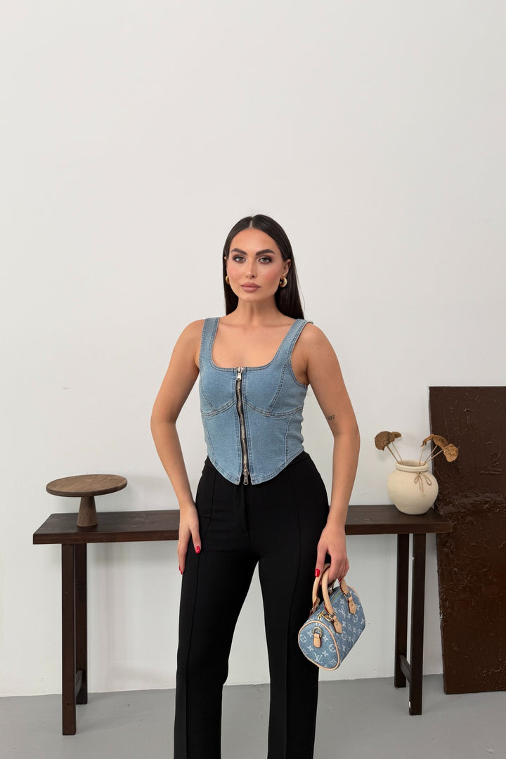 XLJ Denim Bustier with Front Zipper - Grapevine