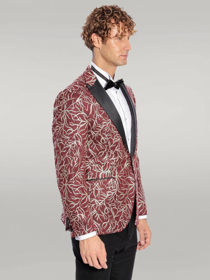 WSS Sparkling Ivy Patterned Slim Fit Burgundy Men Prom Blazer  - Singen