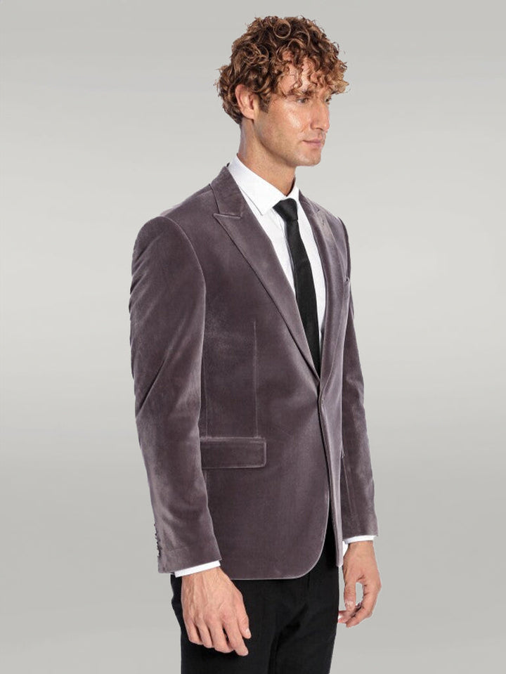 WSS Wide Peak Lapel Single Button Velvet Grey Men Blazer  - Singen