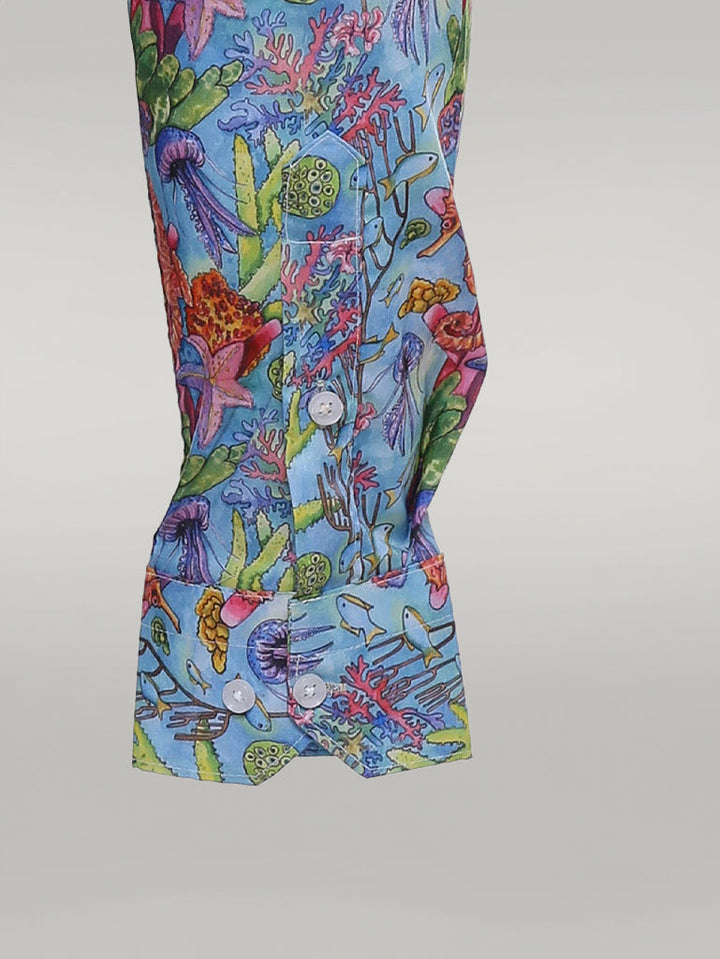 WSS Red Floral Patterned Slim-Fit Long Sleeves Navy Blue Shirt  - Singen