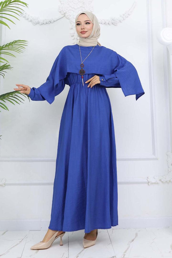 BNG Women Yaka Detaylı Kolyeli Elbise Saks Mavisi 4809 - Ovar