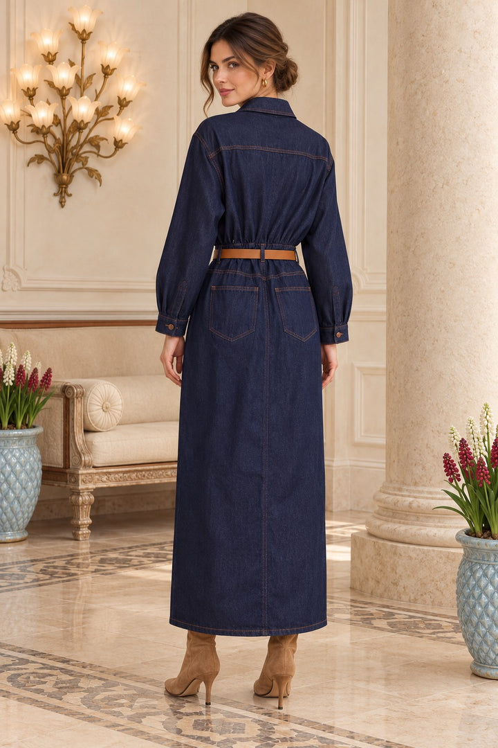XLJ Belted Shirt Draped Denim Dress 3101 - Alexandria