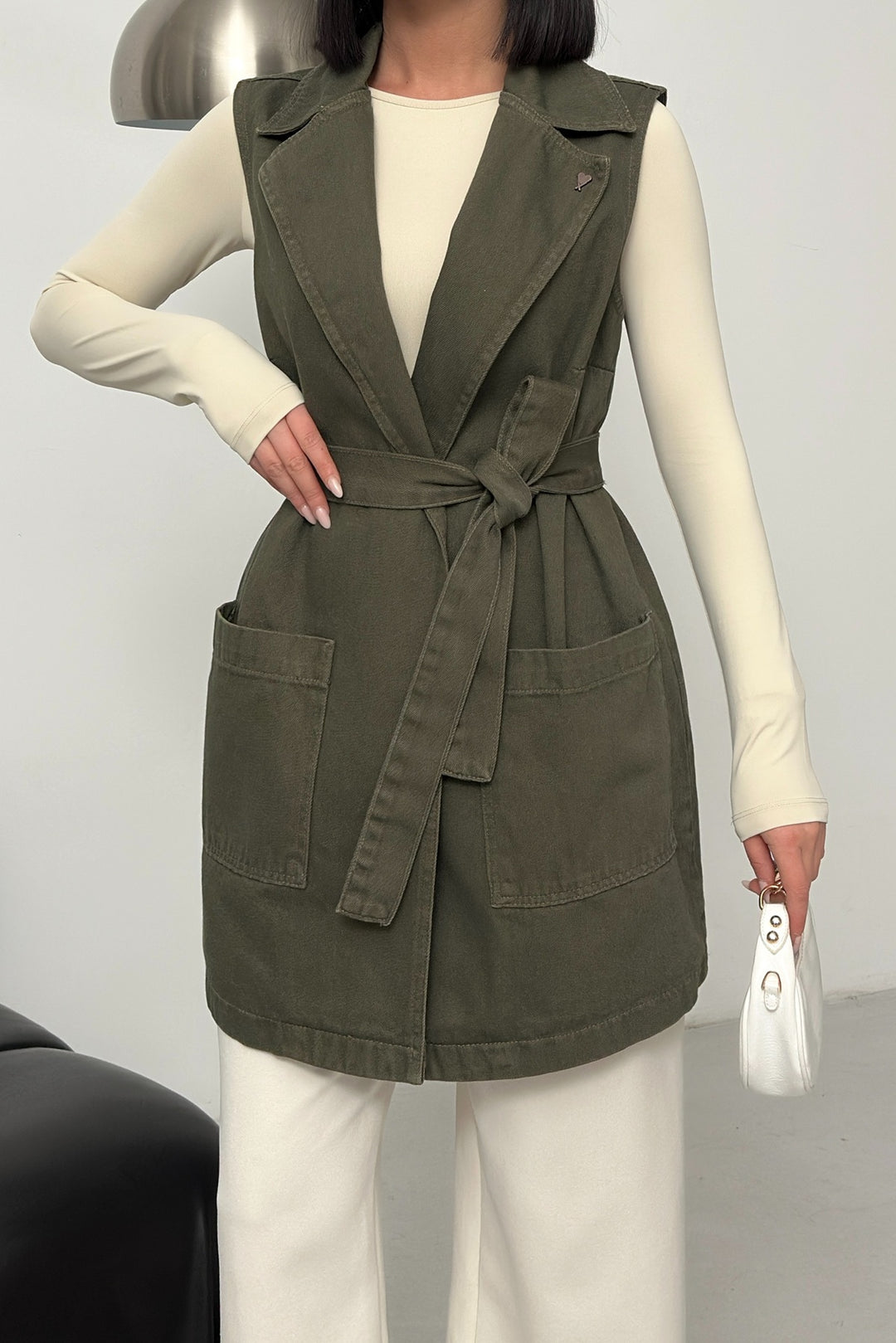 XLJ Belted and Cross Over Collar Denim Vest - Williamsburg