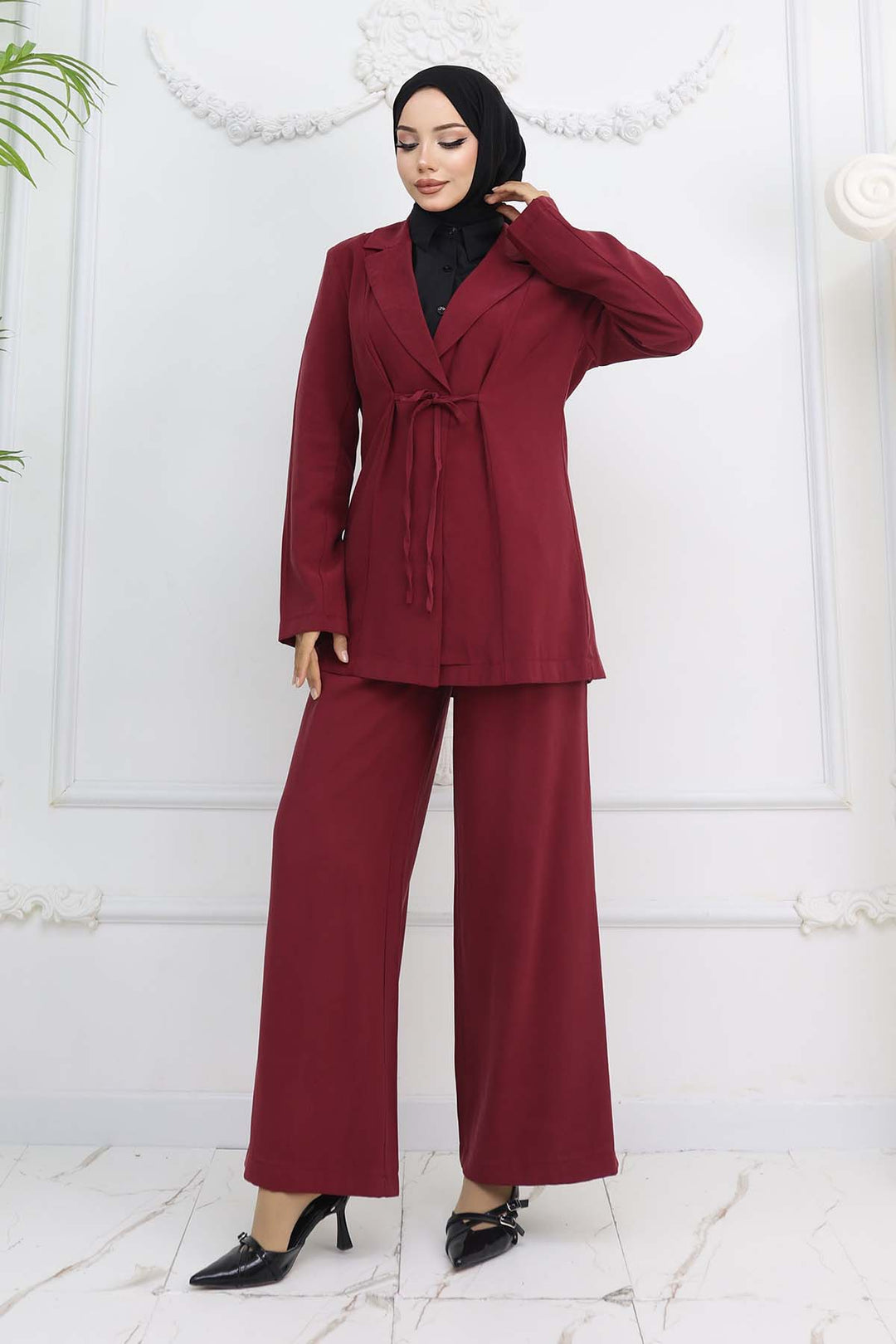 BNG Women İp Bağcıklı Ceket Takım Bordo 2265 - Hoorn