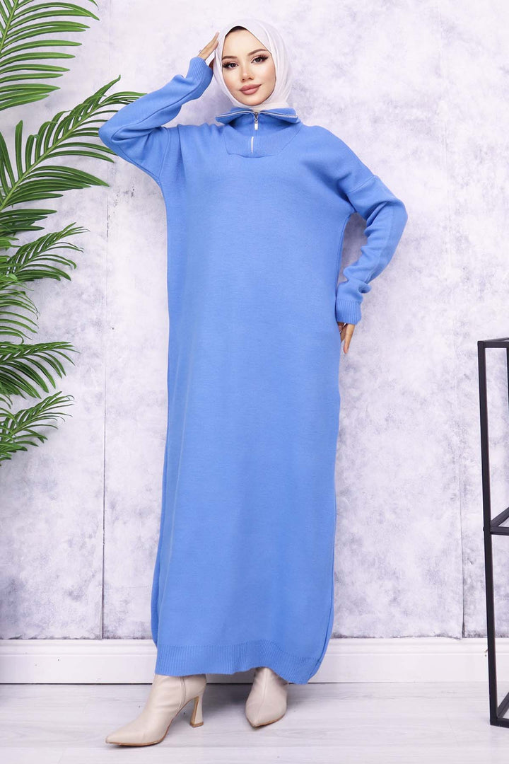 BNG Women Blue Knitted Dress with Zipper Collar - Keller