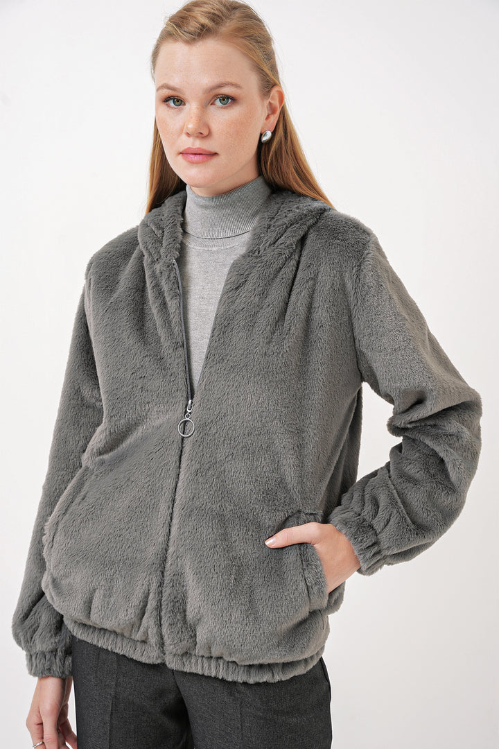 BGD Women Hooded Fur-Lined Inner Lined Coat - Anthracite - Paisley
