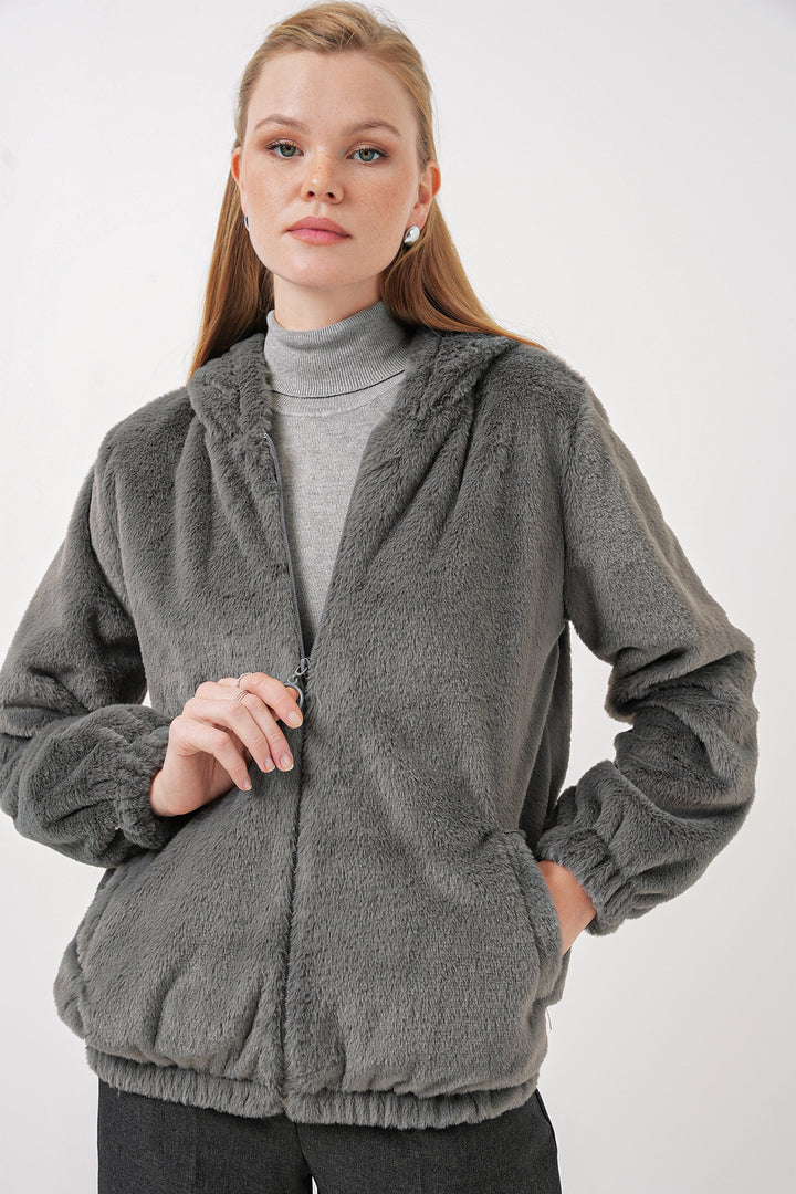 BGD Women Hooded Fur-Lined Inner Lined Coat - Anthracite - Paisley