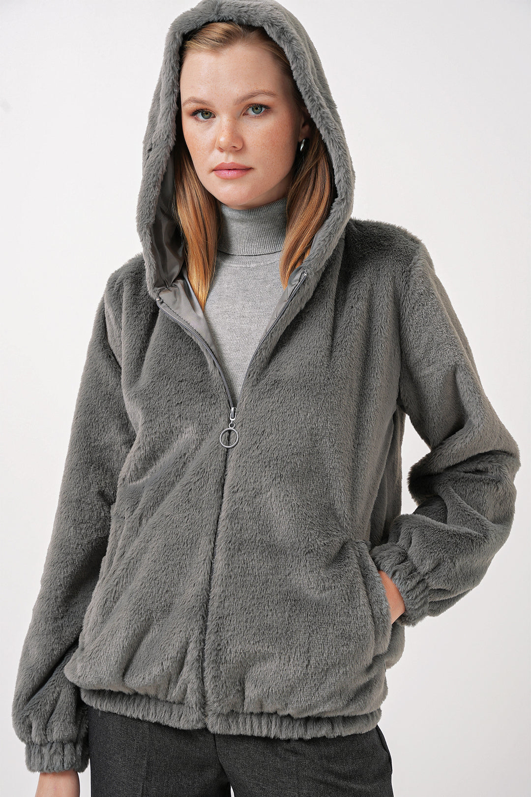 BGD Women Hooded Fur-Lined Inner Lined Coat - Anthracite - Paisley