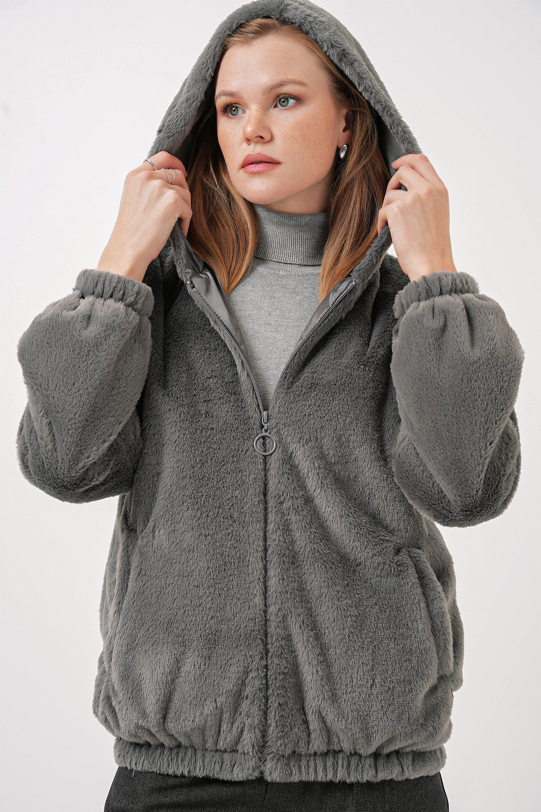 BGD Women Hooded Fur-Lined Inner Lined Coat - Anthracite - Paisley