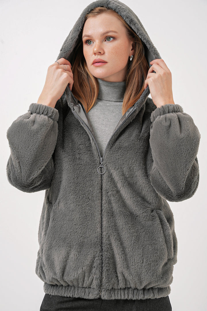 BGD Women Hooded Fur-Lined Inner Lined Coat - Anthracite - Paisley