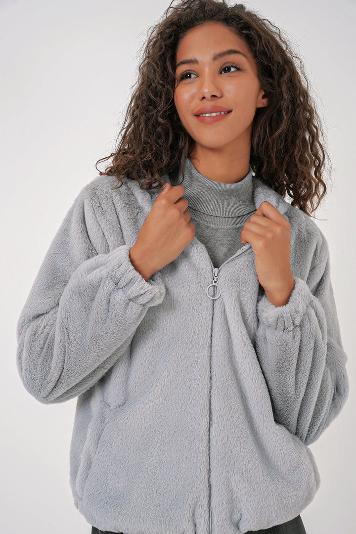 BGD Women Hooded Fur Lined Jacket with Lining - Gray - Salamanca