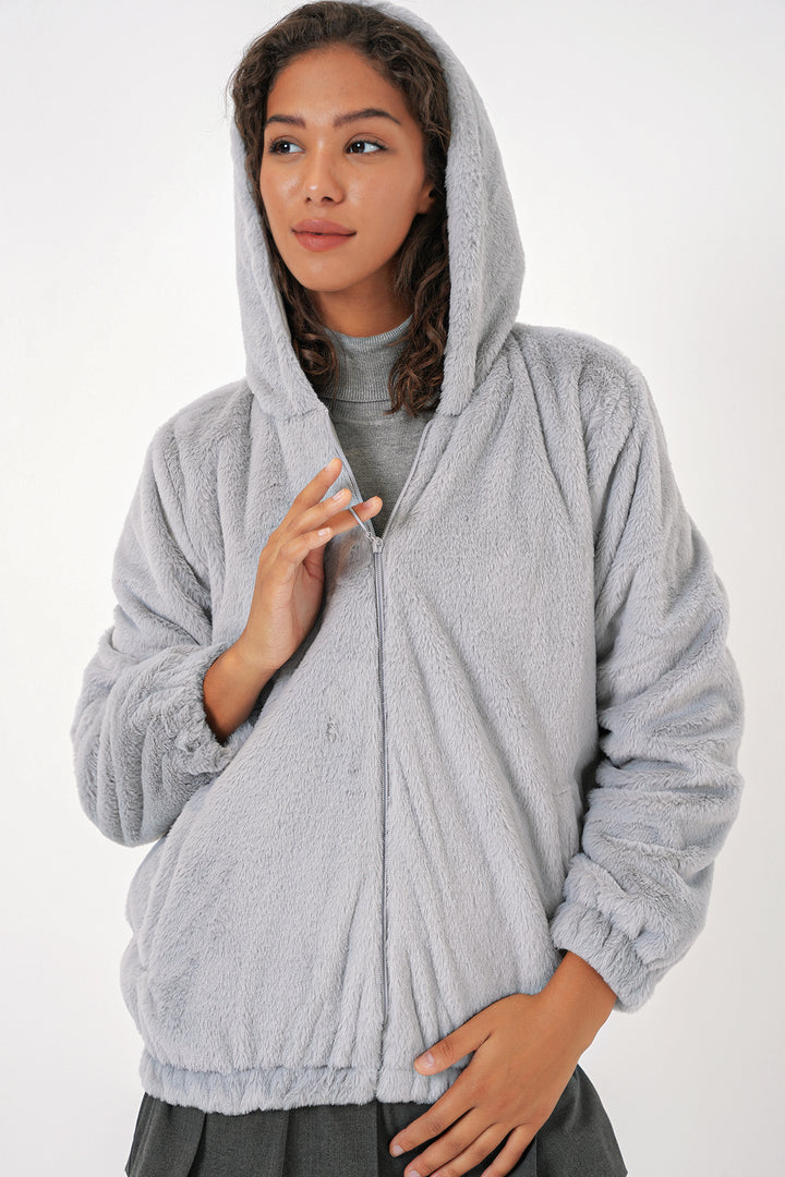 BGD Women Hooded Fur Lined Jacket with Lining - Gray - Salamanca