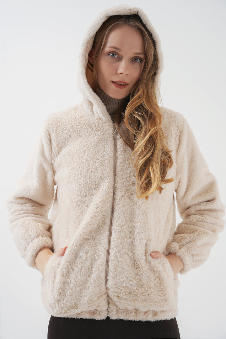 BGD Women Hooded Fur-Lined Inner Lined Coat - Cream - Birmingham