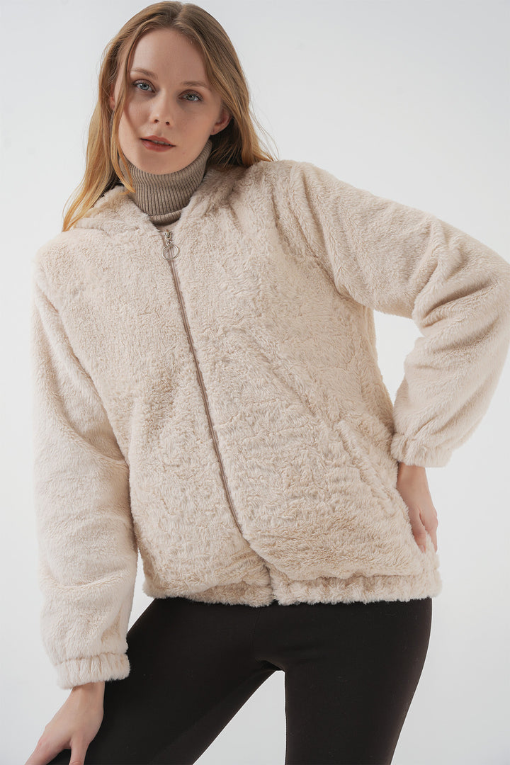 BGD Women Hooded Fur-Lined Inner Lined Coat - Cream - Birmingham