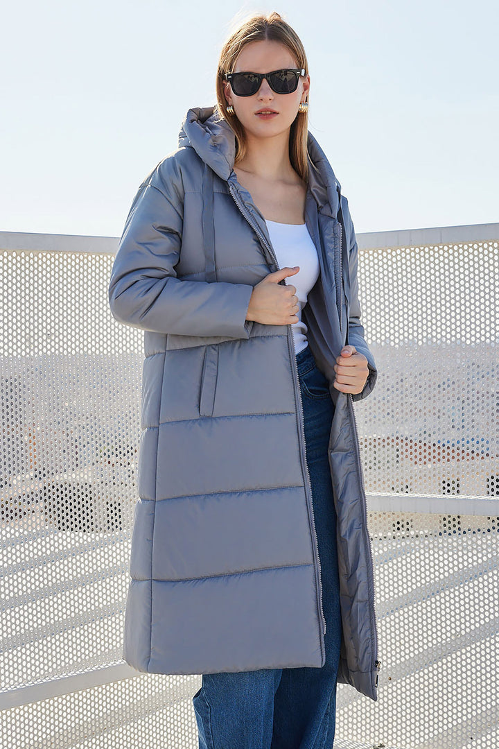 BGD Women Hooded Long Puffer Coat - Grey - Arcadia