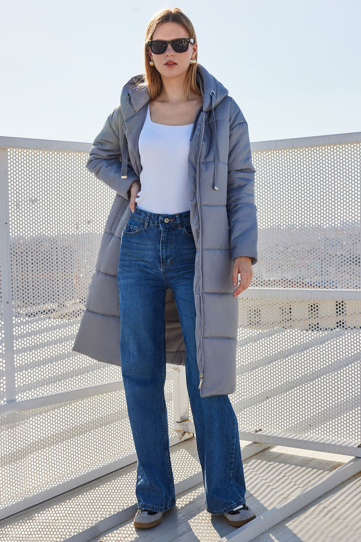 BGD Women Hooded Long Puffer Coat - Grey - Arcadia