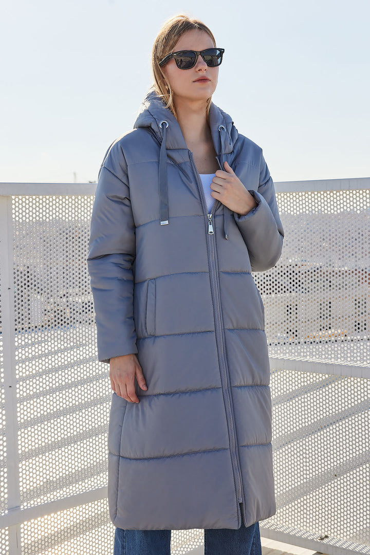 BGD Women Hooded Long Puffer Coat - Grey - Arcadia