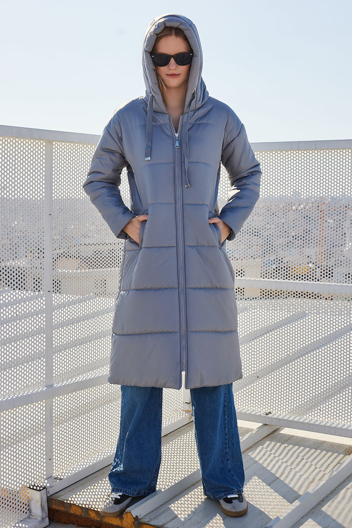BGD Women Hooded Long Puffer Coat - Grey - Arcadia