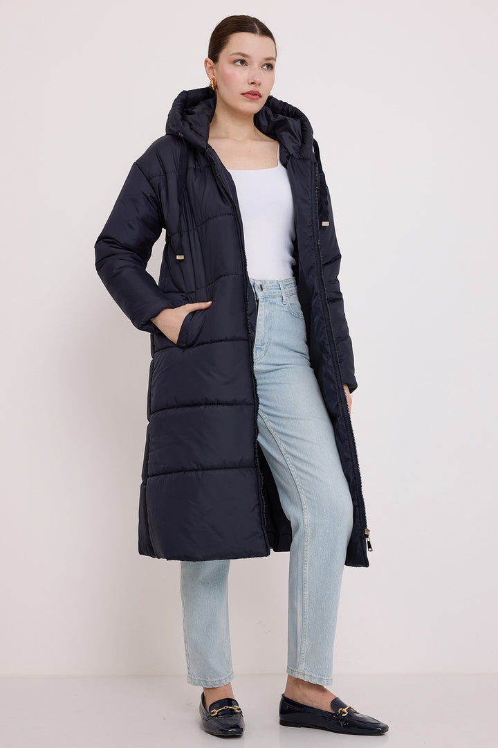 BGD Women Woman Navy Blue Hooded Long Puffer Coat 5120 - Oxnard
