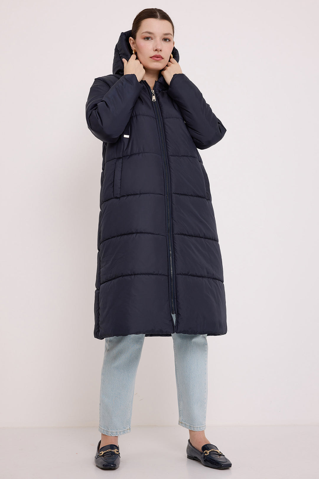 BGD Women Woman Navy Blue Hooded Long Puffer Coat 5120 - Oxnard