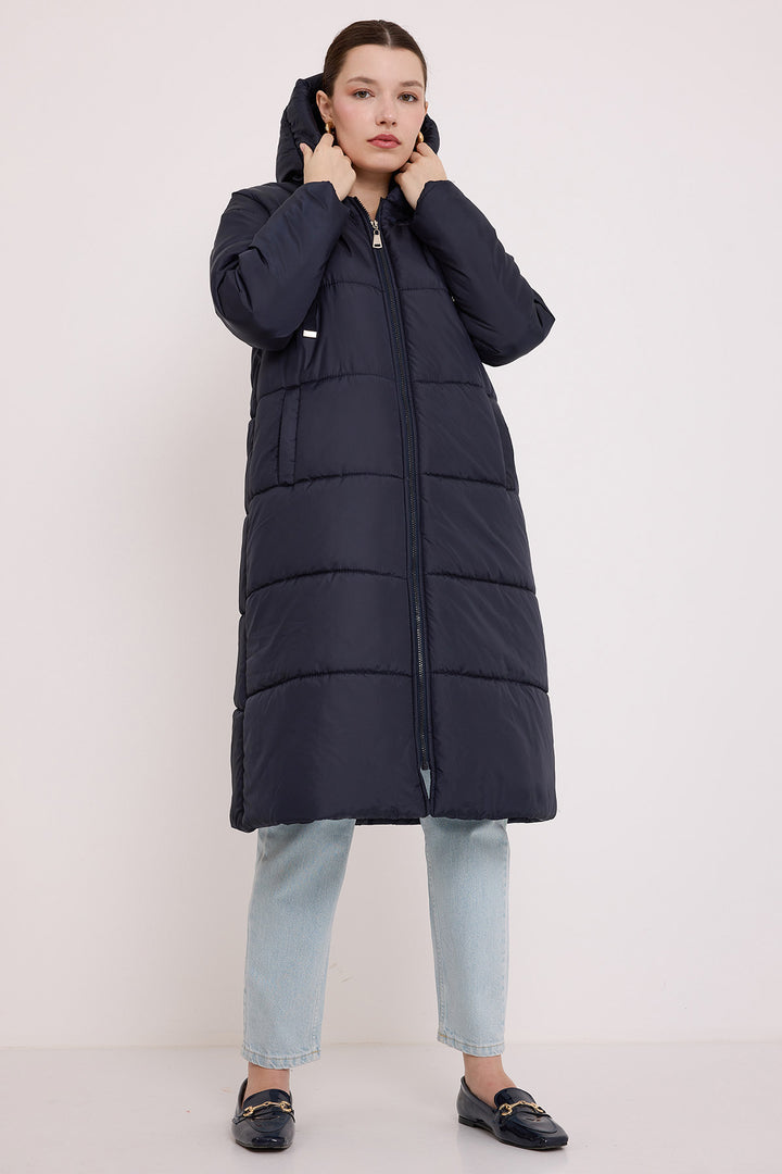BGD Women Woman Navy Blue Hooded Long Puffer Coat 5120 - Oxnard