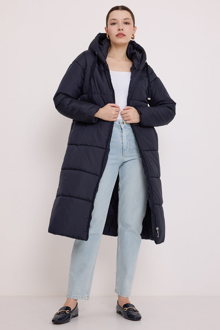 BGD Women Woman Navy Blue Hooded Long Puffer Coat 5120 - Oxnard