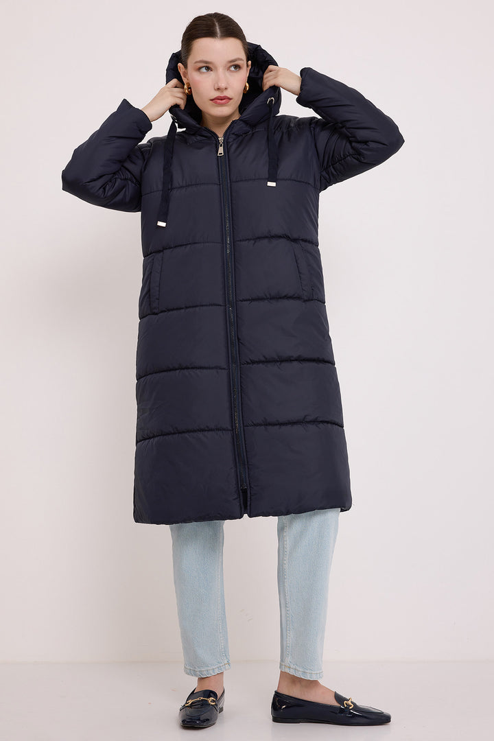 BGD Women Woman Navy Blue Hooded Long Puffer Coat 5120 - Oxnard
