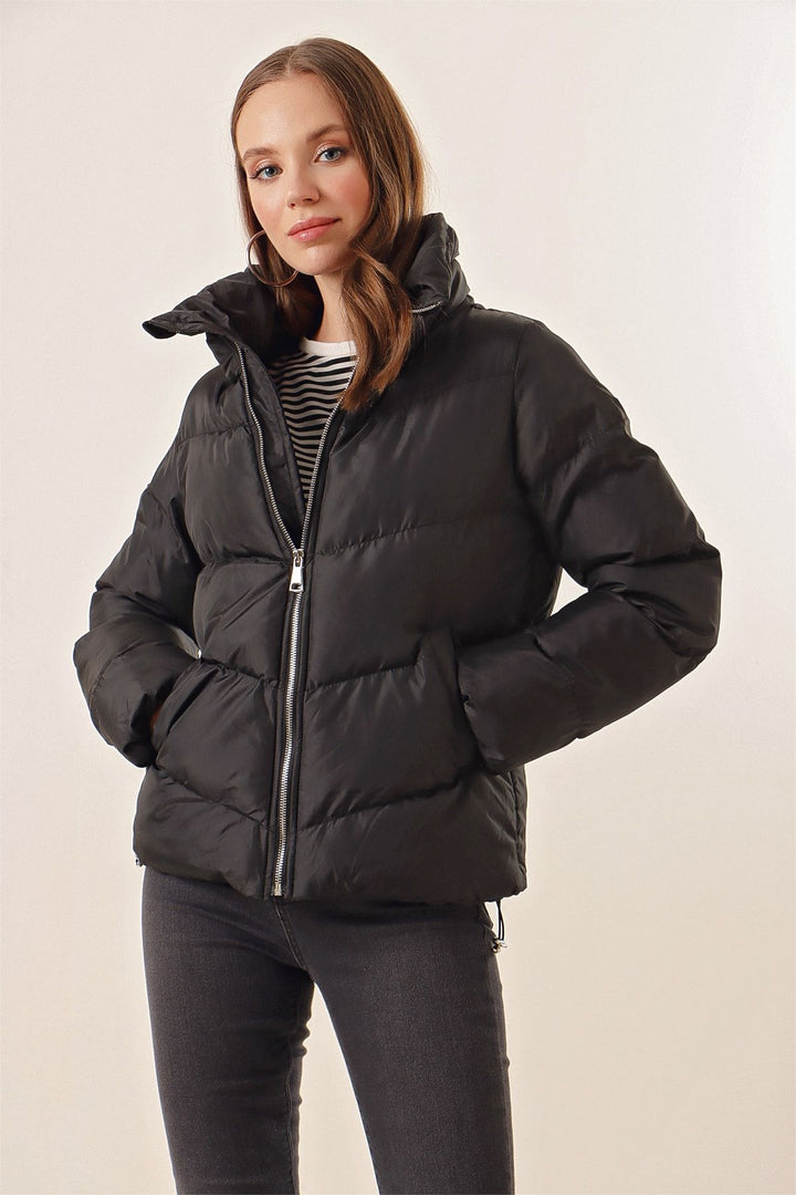 BGD Women Black Puffer Jacket with Stand-Up Collar - Chester