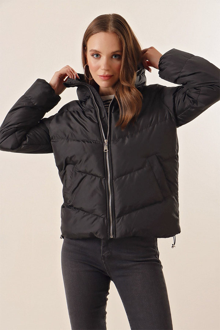 BGD Women Black Puffer Jacket with Stand-Up Collar - Chester