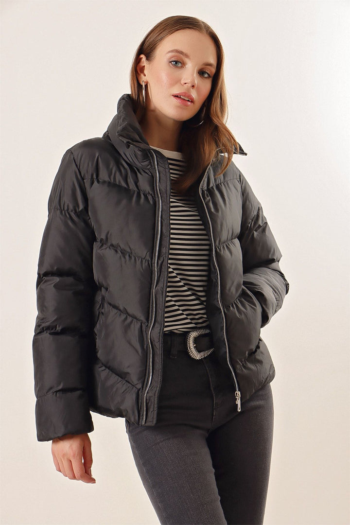 BGD Women Black Puffer Jacket with Stand-Up Collar - Chester
