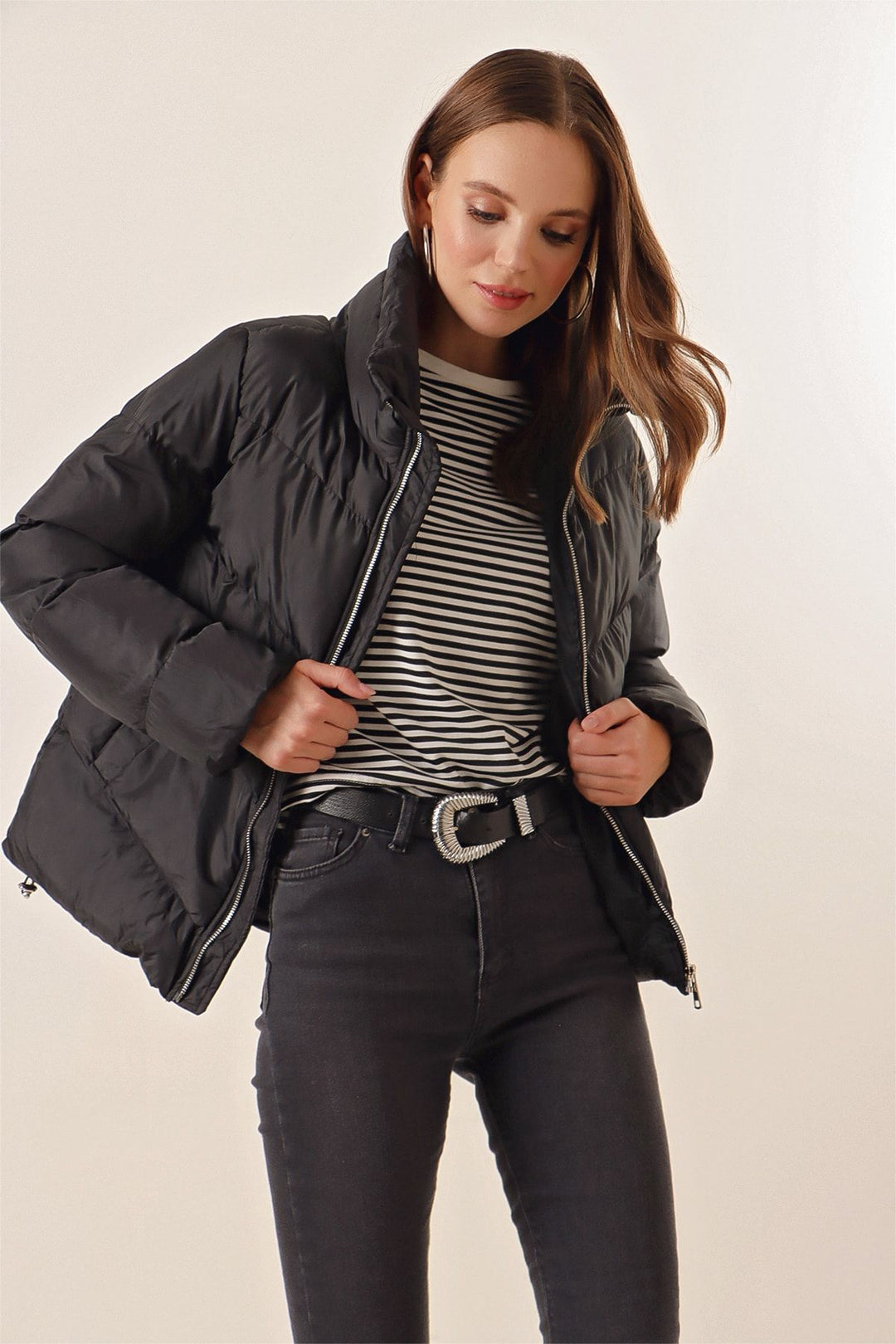 BGD Women Black Puffer Jacket with Stand-Up Collar - Chester