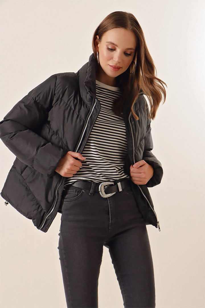 BGD Women Black Puffer Jacket with Stand-Up Collar - Chester