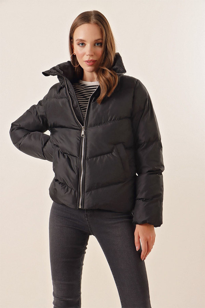 BGD Women Black Puffer Jacket with Stand-Up Collar - Chester