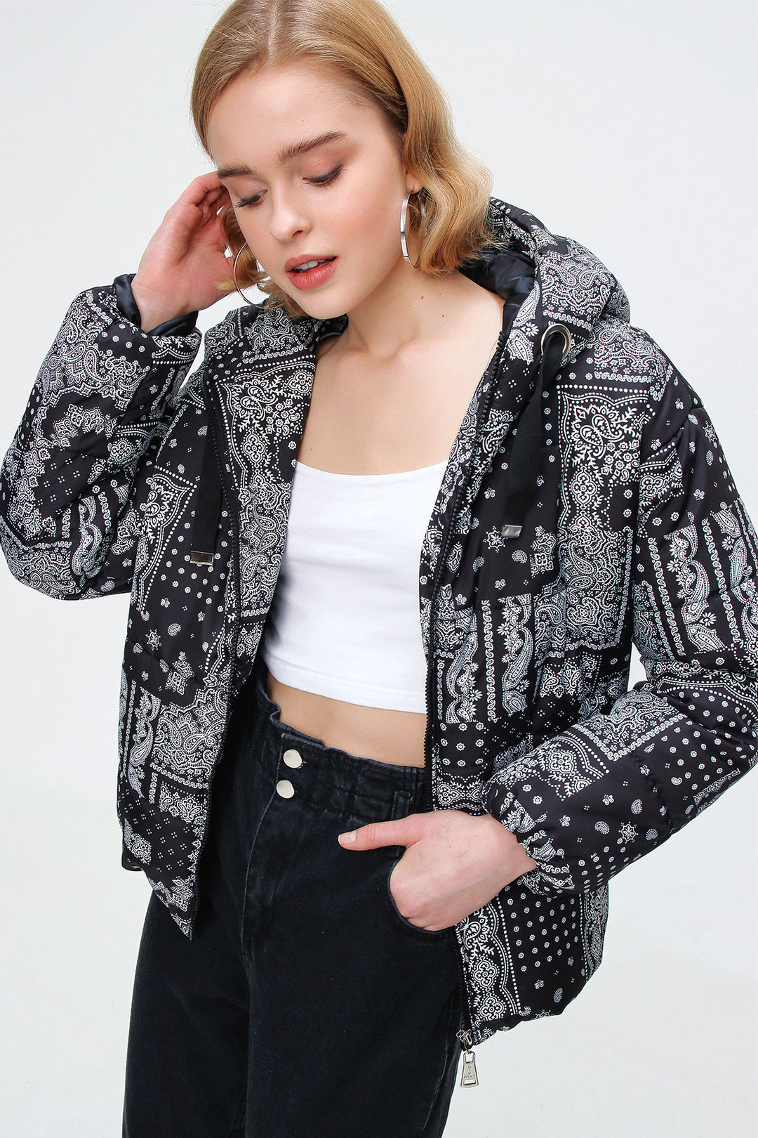 BGD Women Patterned Puffer Jacket - Black - White 1 - Veldhoven