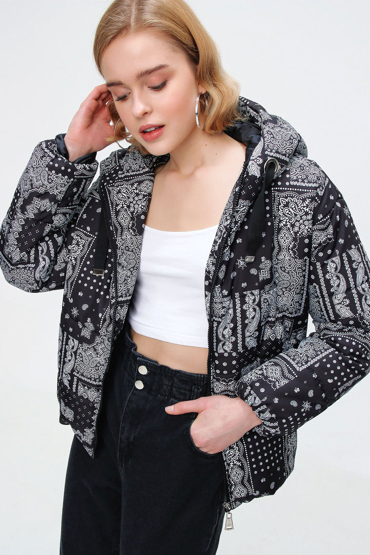 BGD Women Patterned Puffer Jacket - Black - White 1 - Veldhoven