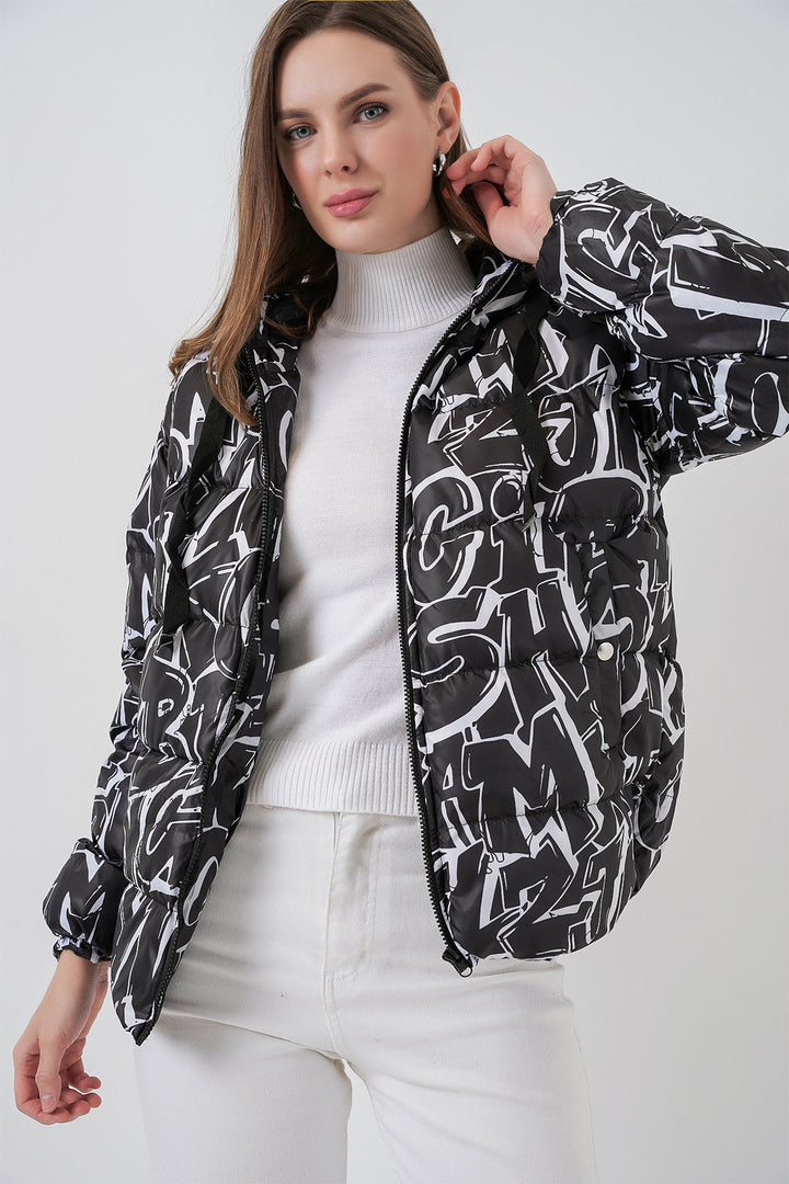 BGD Women Patterned Puffer Jacket - Black - Encinitas