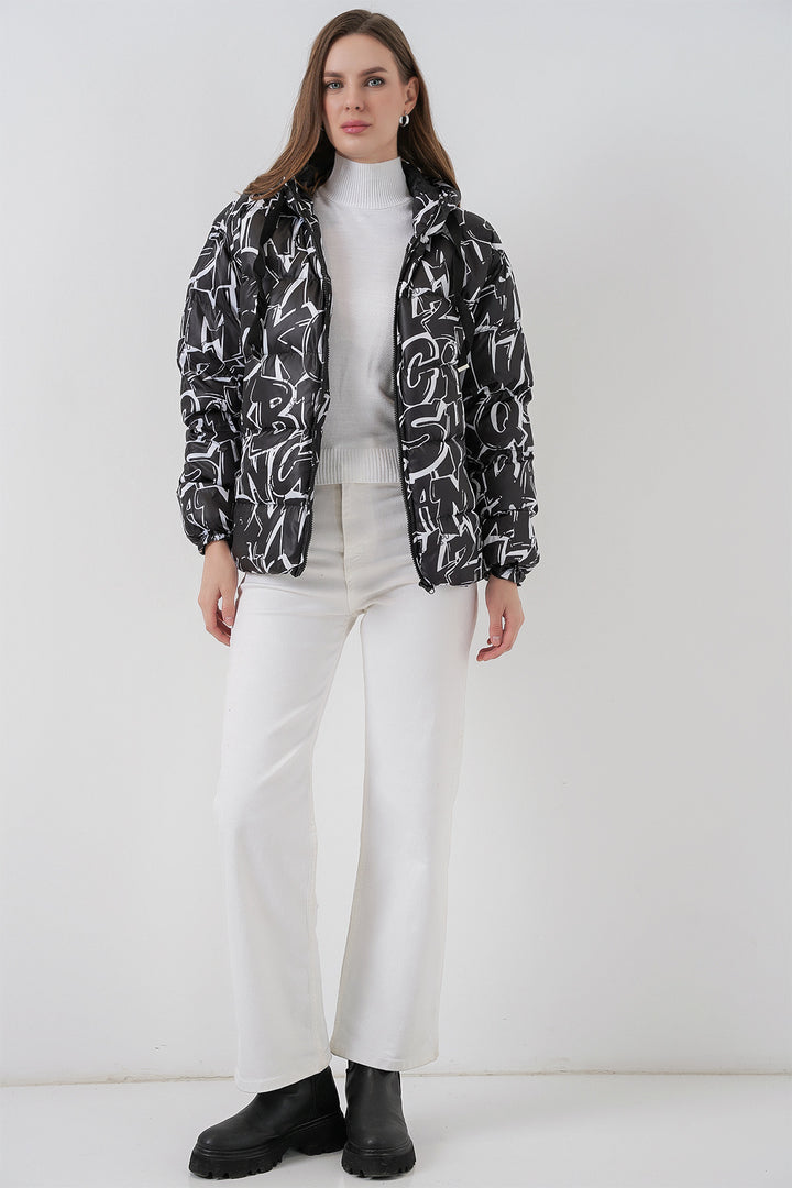 BGD Women Patterned Puffer Jacket - Black - Encinitas
