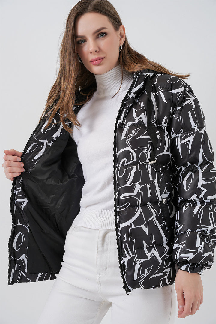 BGD Women Patterned Puffer Jacket - Black - Encinitas