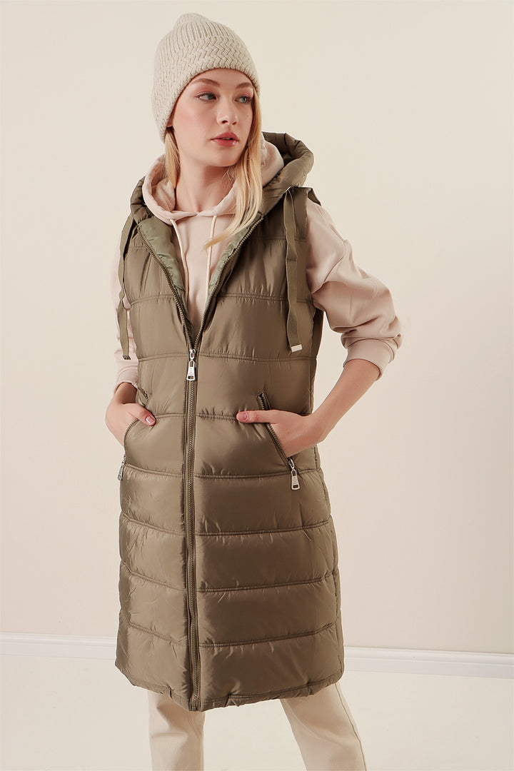 BGD Women Hooded Long Puffer Vest - Çağla - Agrigento