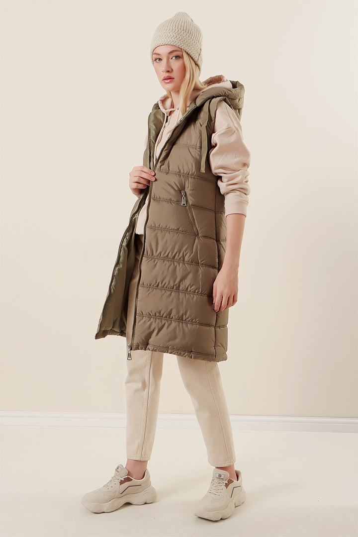 BGD Women Hooded Long Puffer Vest - Çağla - Agrigento