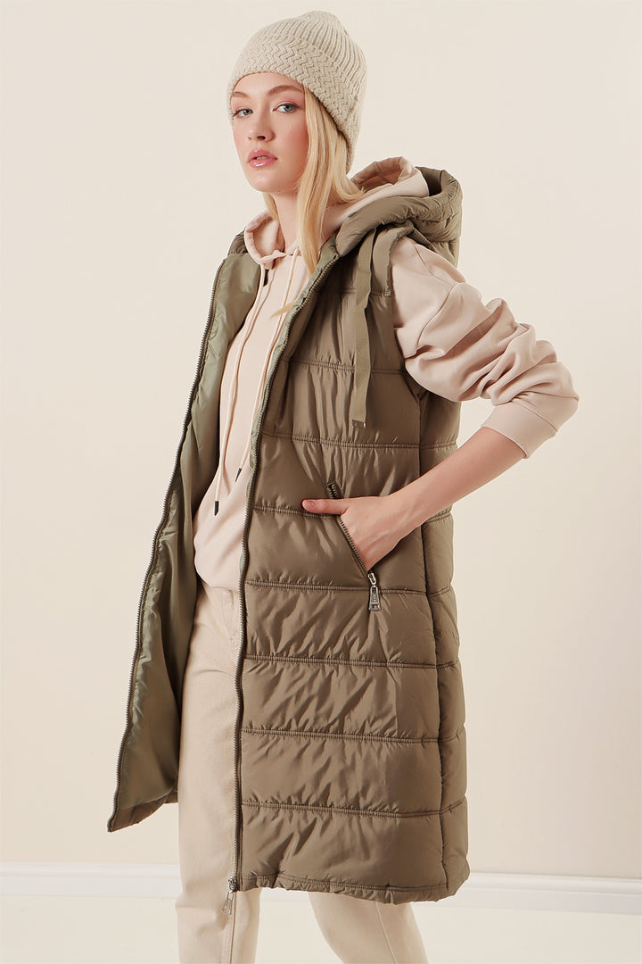 BGD Women Hooded Long Puffer Vest - Çağla - Agrigento